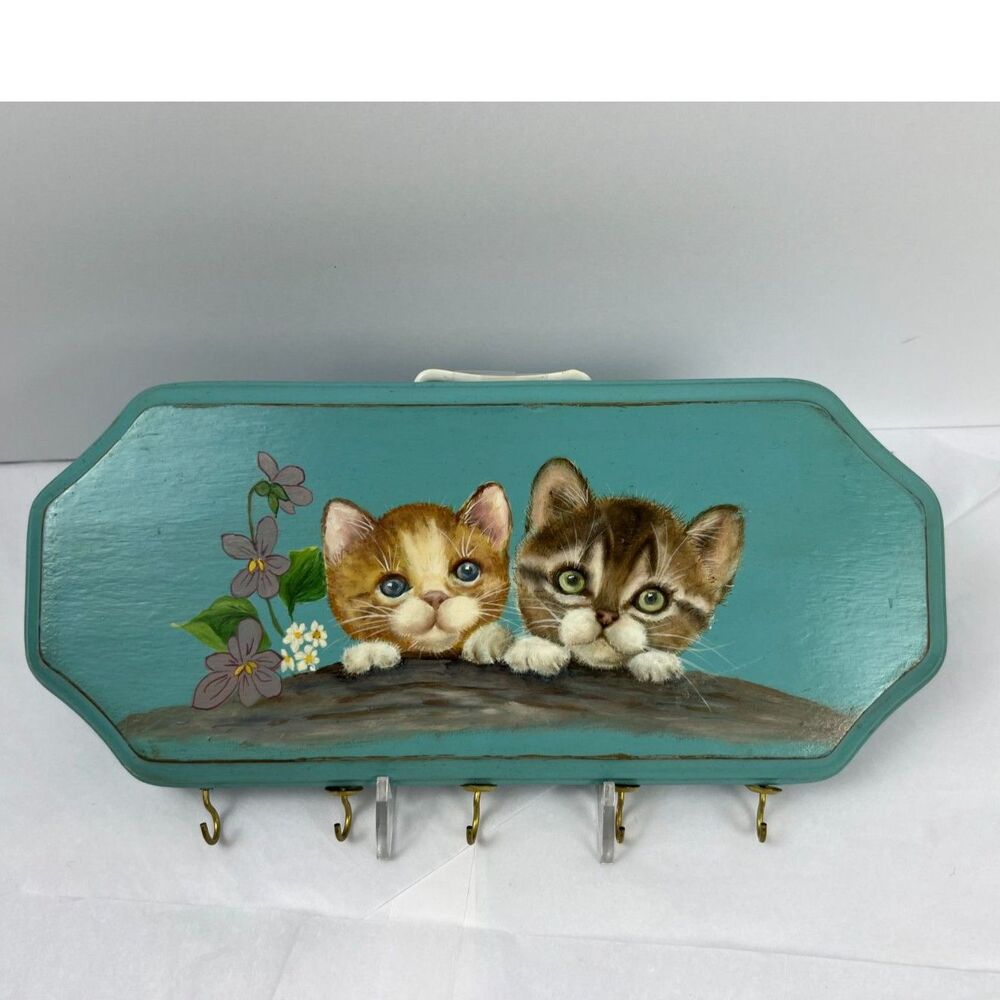 VTG Hand Painted Wooden Kitten Key Rack 11x5 Grannycore Wall Decor Hooks